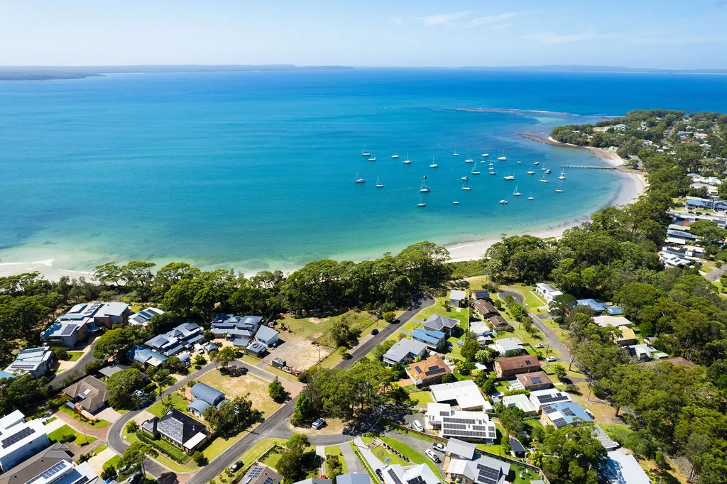 Aerial view of yachts moored off Callala Bay, Jervis Bay